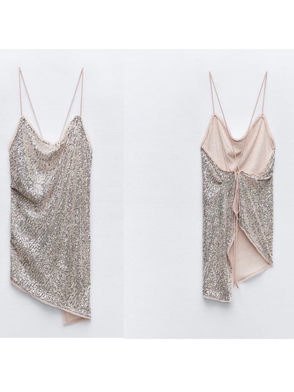 Zara beige sequin asymmetrical spaghetti strap open back blouse top M NWOT